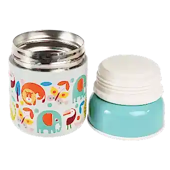 Wild Wonders stainless steel food flask with inner and outer lids removed