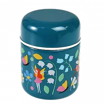 Children's stainless steel food flask in dark blue with print of fairies among flowers