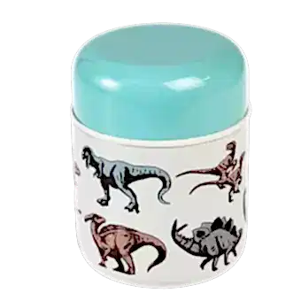 Children's stainless steel food flask in ecru with print of various dinosaurs and teal lid
