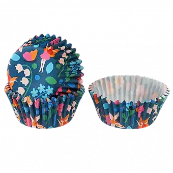 Cupcake cases in dark blue with print of fairies among flowers