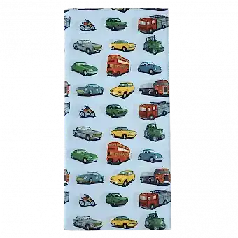 Tissue paper sheets with print of classic cars and other vehicles