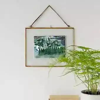 Landscape double sided glass and brass metal hanging frame (25 x 20cm)