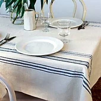  Pure Belgian linen tablecloth (120 x 180cm) - Blue stripe