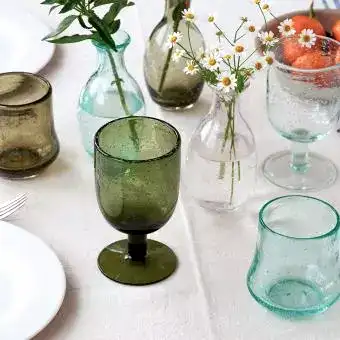 Stemmed Hand blown bubble glass - Olive green