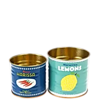 Mini metal storage tins in blue and teal with Moroccan lemons and Rose harissa branding