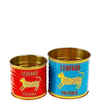 Mini metal storage tins in red and blue with Leopard paprika branding