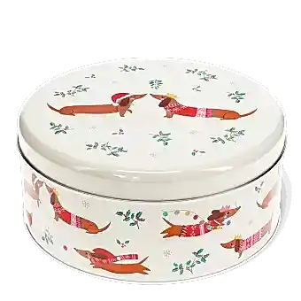 Festive sausage dog cake tin