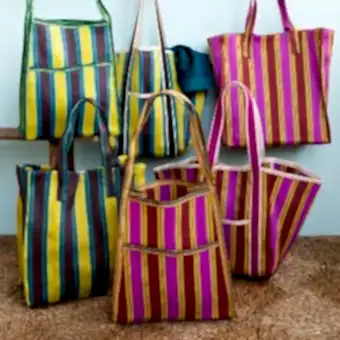 Recycled woven shopping bag - Brown, yellow, teal