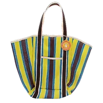 Recycled woven tote bag with canvas handles - Brown, yellow, teal