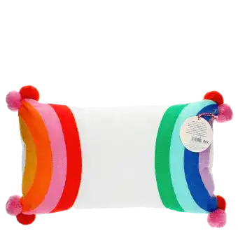 Embroidered cushion with pom poms - Rainbow