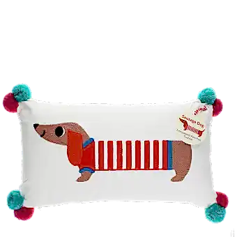 Embroidered cushion with pom poms - Sausage dog
