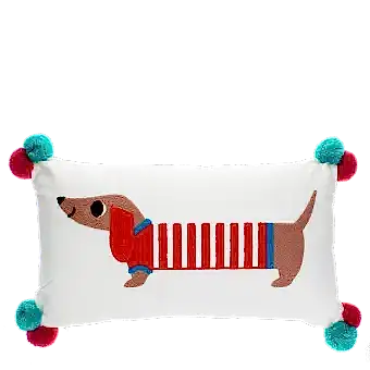 Embroidered cushion with pom poms - Sausage dog