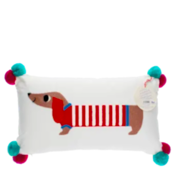 Embroidered cushion with pom poms - Sausage dog
