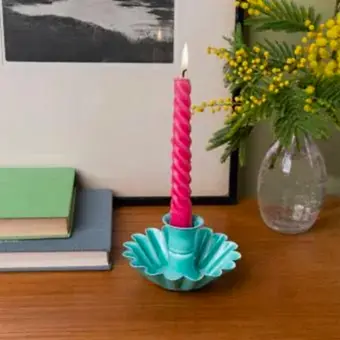 Enamel cupped flower candle holder - Aqua