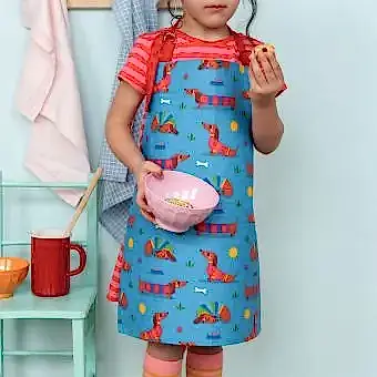 Wipeable cotton children's apron - Sunny Sausage Dog