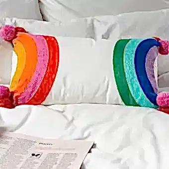 Embroidered cushion with pom poms - Rainbow