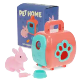 pet carrier with pink rabbit and packaging box in the background