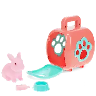 pet carrier with pink rabbit and a blue bowl
