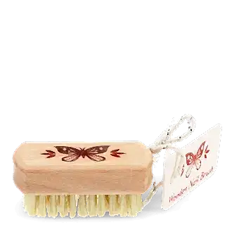 Wooden nail brush with butterfly printed on the handle and a tag