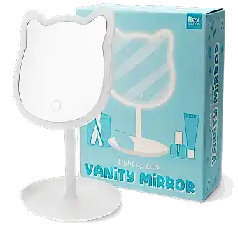 Cat-shaped LED vanity mirror on a stand with box
