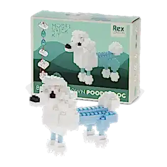 completed white and light blue poodle brick model alongside the packaging