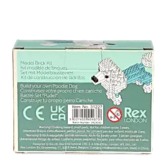 Back of build your own poodle kit packaging, showing multilingual product descriptions and safety warnings