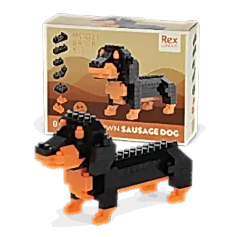 completed sausage dog model kit alongside the packaging