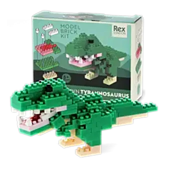 completed tyrannosaurus model alongside the packaging