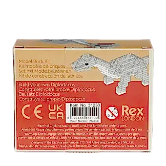 Back of model brick kit packaging, showing multilingual product descriptions and safety warnings