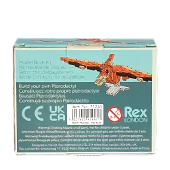 Back of model kit packaging, showing multilingual product descriptions and safety warnings