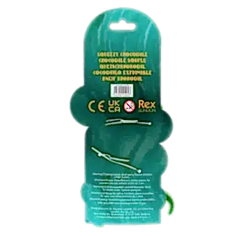 Back of Squeezy Crocodile toy packaging with multilingual safety warning