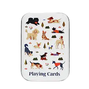 Playing cards with colourful illustrations of dogs printed on a metal tin