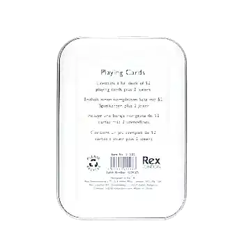 back of playing cards tin with multilingual descriptions