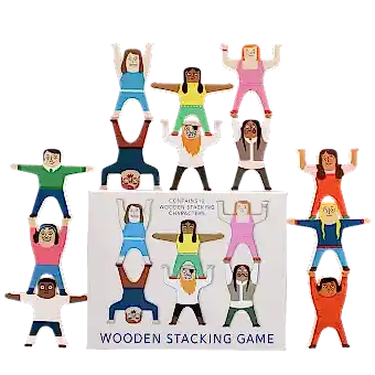 stacked 12 wooden characters around the product box