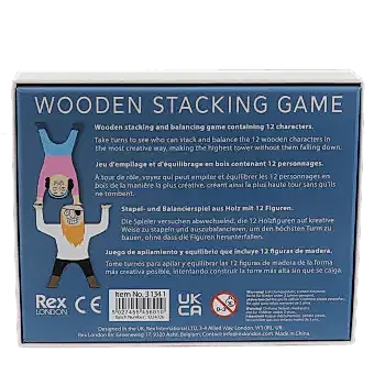 back of the wooden stacking characters packaging with safety warnings