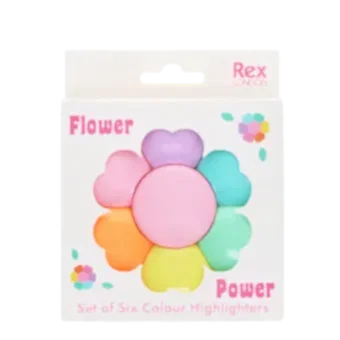 set of six flower highlighters in a box