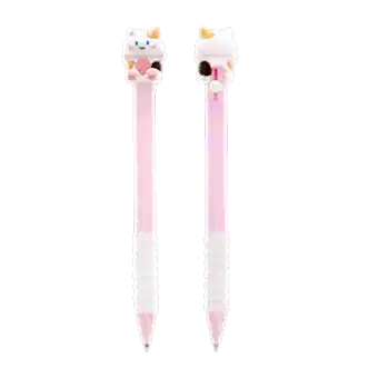 Retractable ballpoint pen in pink showing a cute cat sitting atop