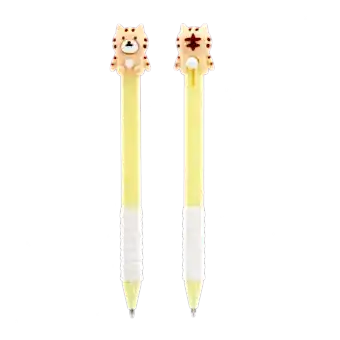 Retractable ballpoint pen in yellow showing a cute tiger sitting atop