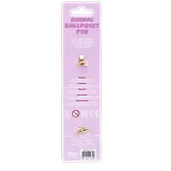 Animal ballpoint pen packaging showing safety warnings in multilingual