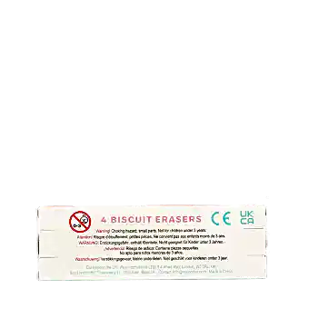Back of packaging for 4 biscuit erasers showing multilingual safety warnings