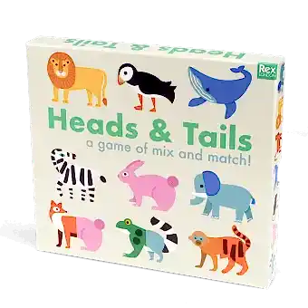 Colourful animal-themed Heads & Tails game in a box