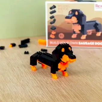 completed sausage dog model kit with the packaging