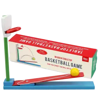 wooden tabletop basketball game with a box