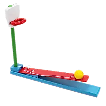 wooden tabletop basketball game with a yellow ball