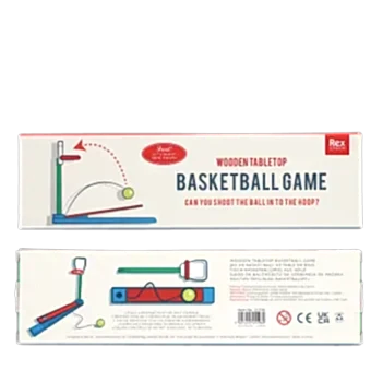 wooden basketball game packaging box showing safety warnings in multilingual 