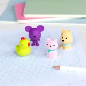 Four animal-shaped erasers in different colours.