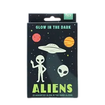 Package of glow-in-the-dark aliens featuring illustrations of planets, a flying saucer, and aliens.