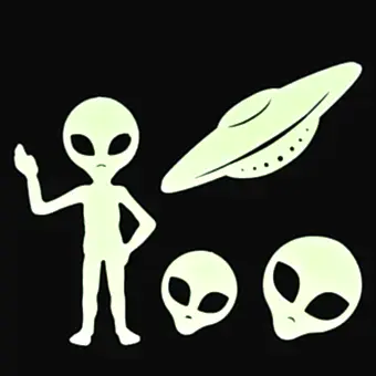 Glowing aliens and a flying saucer on a black background.