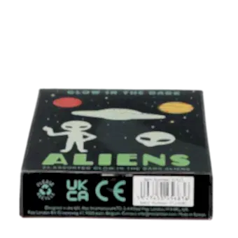 Package of glow-in-the-dark aliens featuring illustrations of planets, a flying saucer, and aliens with barcode