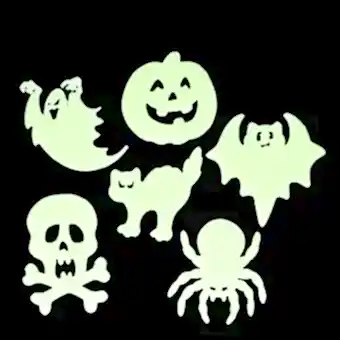 Six assorted Halloween-themed glow-in-the-dark shapes on a black background.